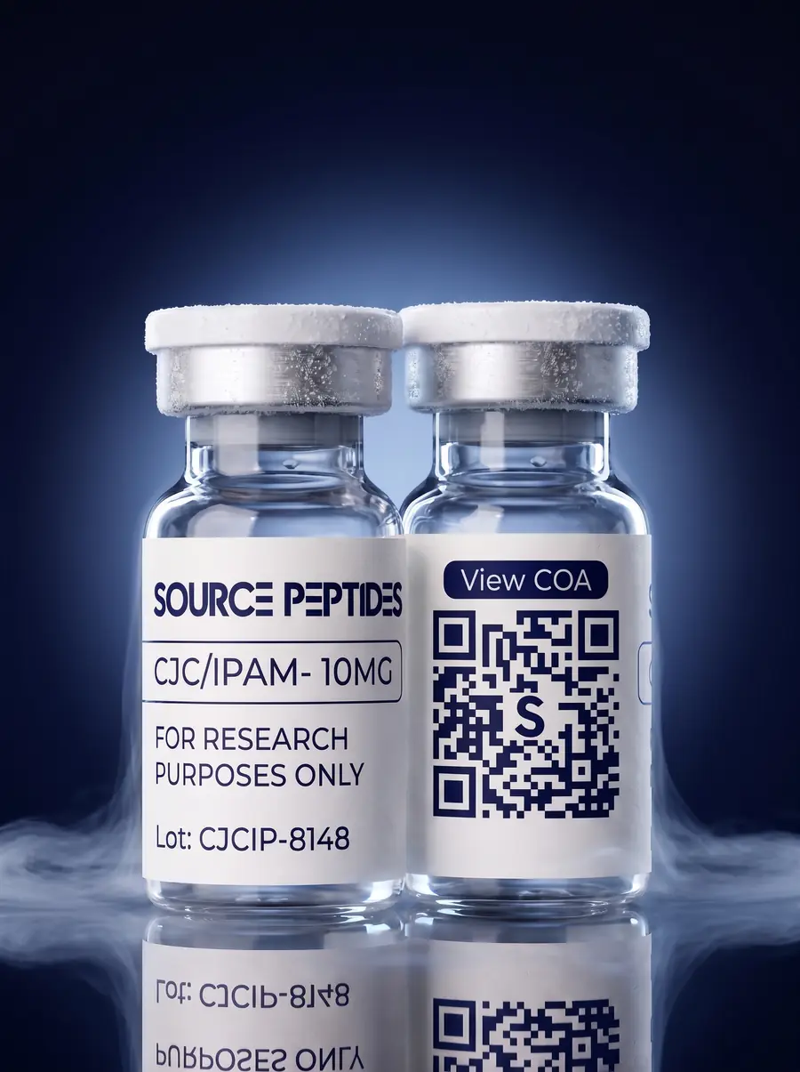 Two Source Peptides vials in the new label — the front label and the QR code that opens the lot’s lab report