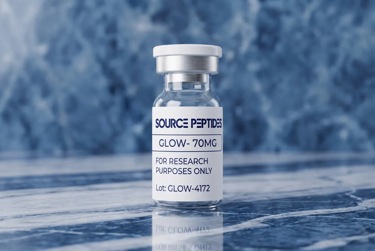 GLOW 70MG vial in the new Source Peptides label