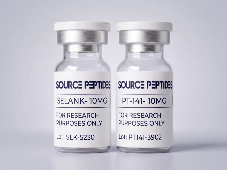 Selank 10MG and PT-141 10MG vials in the new Source Peptides label