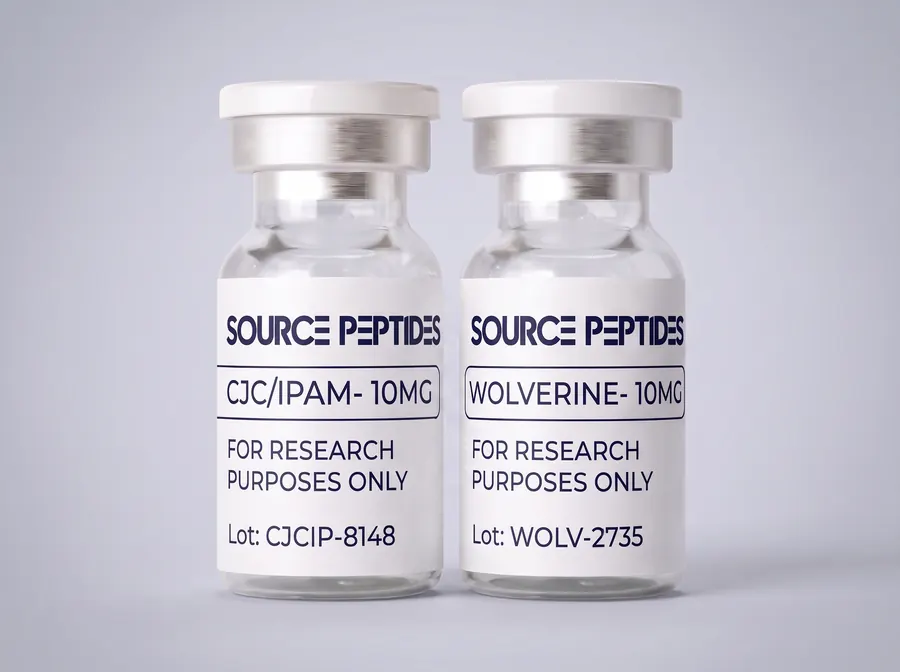 CJC/Ipamorelin 10MG and Wolverine 10MG vials in the new Source Peptides label