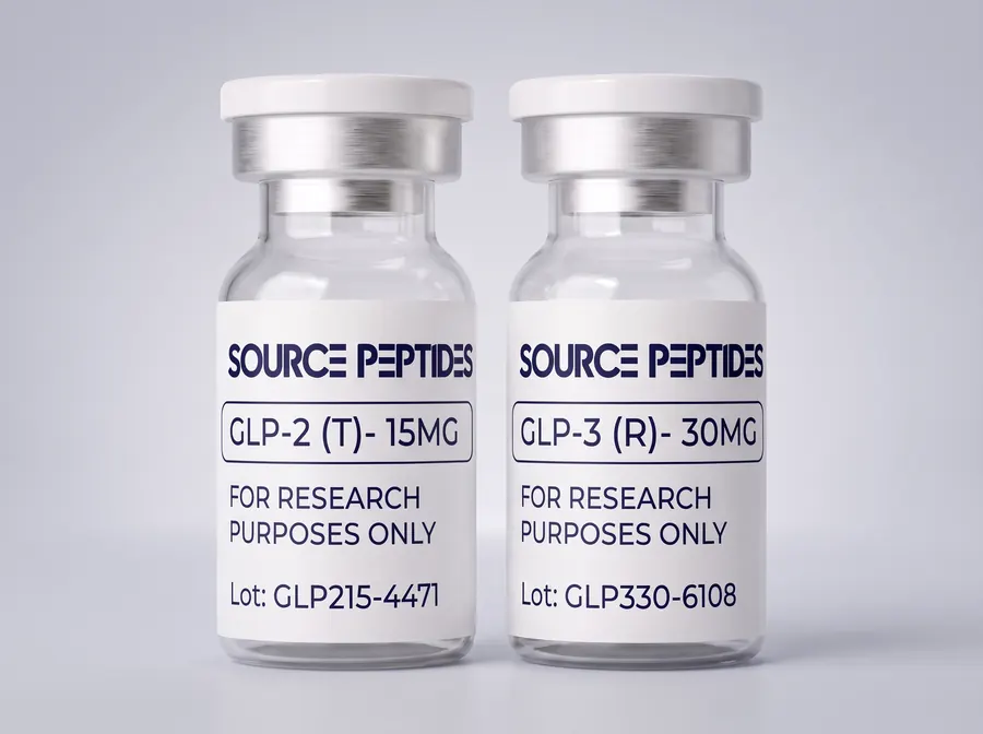 GLP-2 (T) 15MG and GLP-3 (R) 30MG vials in the new Source Peptides label